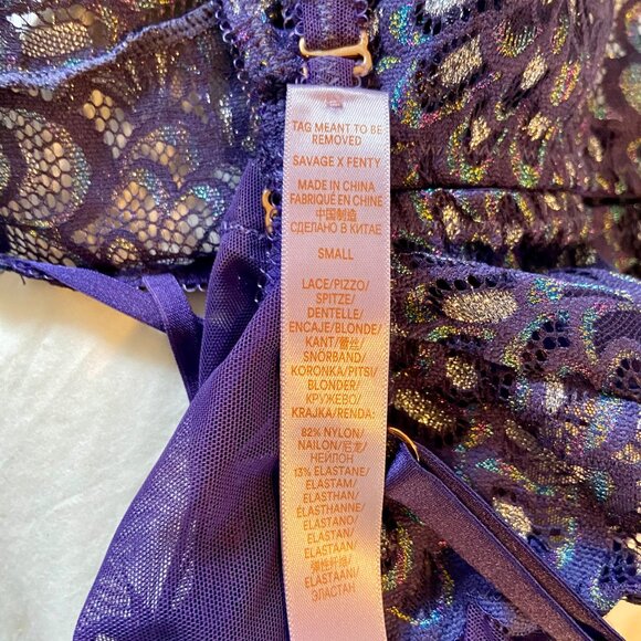 Savage x Fenty Metallic Lace Teddy Bodysuit Grape Purple Small Sheer Criss Cross - Picture 5 of 16
